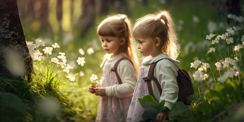 Two cute children collecting flowers in the spring forest horizontal banner with copy space. Sisters walking in the park. AI generative image.