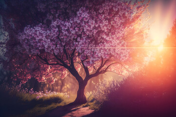 Fototapeta na wymiar Spring blossom background. Nature scene with blooming tree and sun flare. Spring flowers. Beautiful orchard Photography made with Generative AI