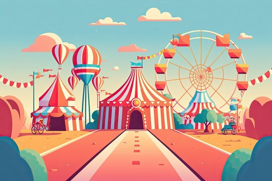 a small a road at the middle center leading to a circus carnival,