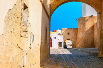 View of alley and ancient houses in Medina of Essaouira town. Morocco, North Africa
