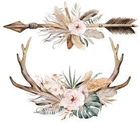  Watercolor arrow and deer antlers with tropical leaves and flowers bouquet, brown and beige Boho Wedding illustration © katrinshine