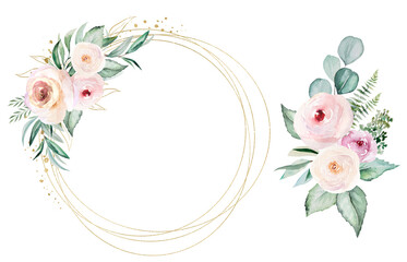 Frame and bouquet made of pink watercolor flowers and green leaves, wedding and greeting illustration