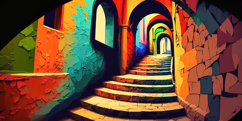 Abstract painting concept. Colorful art of stairs in a building. Generative AI.