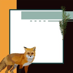 vector illustration of a fox and a fir branch on a square stylized background for social networks with a place for text