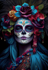 Mardi Gras day of the dead, unique digital art, portrait of faces with skull make-up created with generative ai