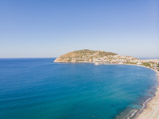 Coastline and promontory protruding into the sea, Alanya tourist city aerial view of the sea, sunny...