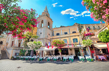  Scenic view of San Giuseppe Church at IX Aprile Square. Taormina, Sicily, Italy