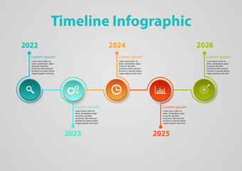 infographic timeline 5 years multi colored circles with curved ends with hexagons and icons for business planning, marketing, growth on gray background