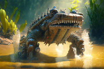 Robot animal kingdom. Robot crocodile in the swamp