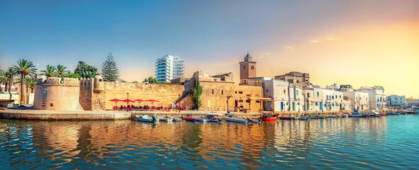 Cityscape in old port of Bizerte at sunset. Tunisia, North Africa