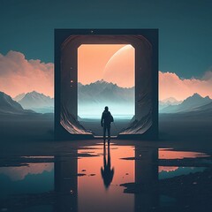 Futuristic outlook into the future in a neon sunset on a planet KI generierte Illustration