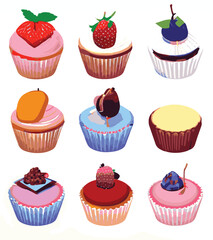 Set of drawings of cupcakes with various types of toppings from fruits, candy and sweets. Colored in pastel colors. Looks delicious and interesting
