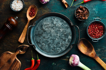 Cooking banner. Background with spices and vegetables. Top view. Free space for your text.