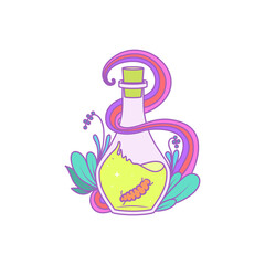 A magical bottle with plants around and a caterpillar inside. Illustration on transparent background