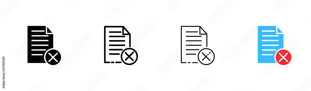 Poster cross file set icon. information is not available, error, cancel, reject, spam, text document. data 