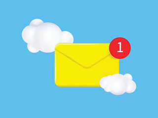 3d mail envelope icon with notification new message on blue sky cloud background. 3d envelope email letter with bubble unread icon. mail message concept 3d vector render isolated blue background