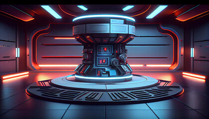 Cyberpunk sci-fi product podium showcase in spaceship base with blue. Technology and object concept. 3D illustration rendering - Generated by Generative AI

