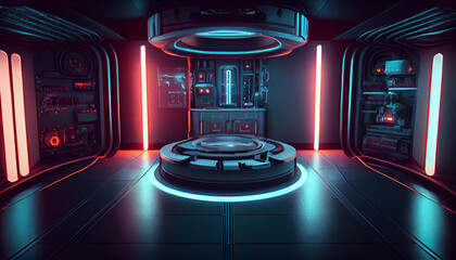 Cyberpunk sci-fi product podium showcase in spaceship base with blue. Technology and object concept. 3D illustration rendering - Generated by Generative AI
