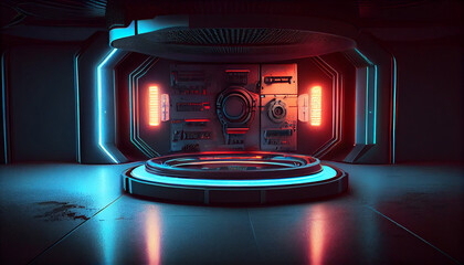 Cyberpunk sci-fi product podium showcase in spaceship base with blue. Technology and object concept. 3D illustration rendering - Generated by Generative AI

