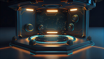 Cyberpunk sci-fi product podium showcase in spaceship base with blue. Technology and object concept. 3D illustration rendering - Generated by Generative AI
