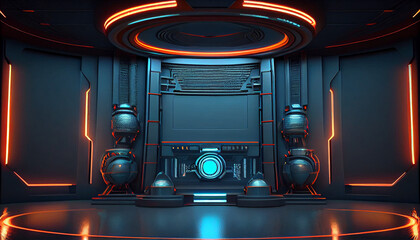 Cyberpunk sci-fi product podium showcase in spaceship base with blue. Technology and object concept. 3D illustration rendering - Generated by Generative AI
