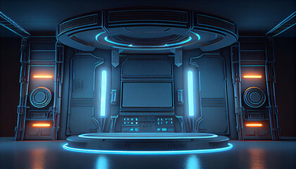 Cyberpunk sci-fi product podium showcase in spaceship base with blue. Technology and object concept. 3D illustration rendering - Generated by Generative AI
