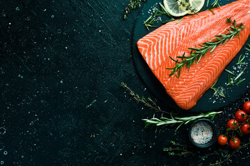 Raw red trout fillet marinated with spices. Recipe. Top view. Seafood.