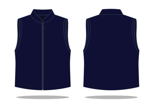 Blank Navy Blue Vest Template On White Background.Front And Back View, Vector File