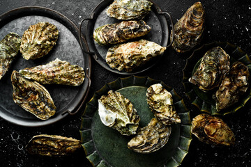 Set of fresh oysters. Traditional serving for food. On a black stone background. Top view.