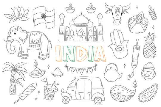 Hand drawn India doodles, clip art, cartoon elements isolated on white background. Print, coloring book, scrapbooking, stationary, stickers, sublimation design. EPS 10