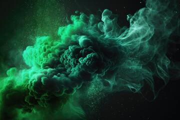Green smoke with shiny glitter particles abstract background, ai