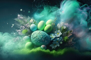 Obraz na płótnie Canvas Spring Easter eggs & flowers with smoke and shiny glitter particles abstract background, ai