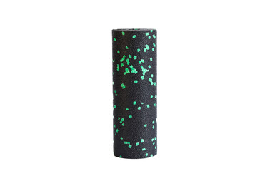 A black green massage foam roller mini isolated on a white background. Close-up. Foam rolling is a self myofascial release technique. Concept of fitness equipment.