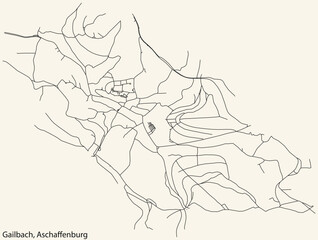 Detailed navigation black lines urban street roads map of the GAILBACH BOROUGH of the German town of ASCHAFFENBURG, Germany on vintage beige background