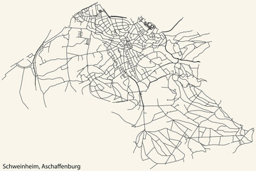 Fototapeta na wymiar Detailed navigation black lines urban street roads map of the SCHWEINHEIM BOROUGH of the German town of ASCHAFFENBURG, Germany on vintage beige background