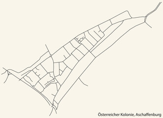 Detailed navigation black lines urban street roads map of the ÖSTERREICHER KOLONIE BOROUGH of the German town of ASCHAFFENBURG, Germany on vintage beige background