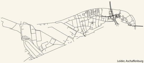 Detailed navigation black lines urban street roads map of the LEIDER BOROUGH of the German town of ASCHAFFENBURG, Germany on vintage beige background