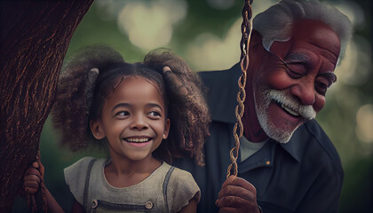 Grandpa with his graddaughter, on a swing, Generative AI