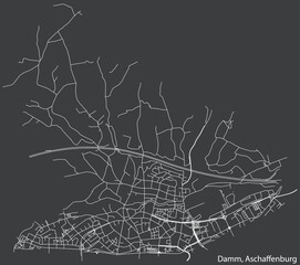 Detailed navigation black lines urban street roads map of the DAMM BOROUGH of the German town of ASCHAFFENBURG, Germany on vintage beige background