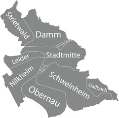 Dark gray flat vector administrative map of ASCHAFFENBURG, GERMANY with name tags and white border lines of its boroughs