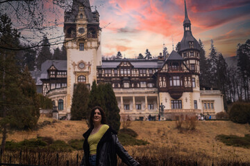 Obraz premium Woman traveler walking near the castles in Romania,