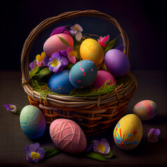 Fototapeta na wymiar Basket with easter eggs on black background with copy space, digital illustration, Generative AI