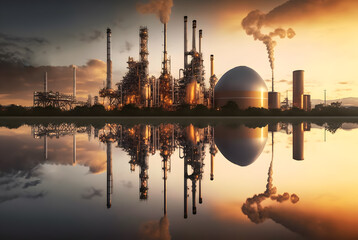 Oil refinery plant for crude oil industry on desert in evening twilight, energy industrial machine for petroleum gas production background Ai generated - obrazy, fototapety, plakaty