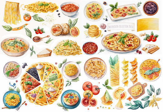 Watercolor illustration of pasta collection on white background - AI generative