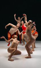 Aesthetics of dance art. Young creatie girls performing contemporary, experimental dance on stage...