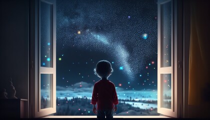 A young child is gazing out a large window that is open at midnight, providing inspiration for fantasy and dream concepts. Generative Ai.