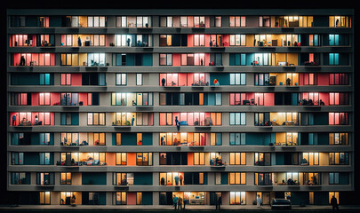 Apartment building in evening with lighting