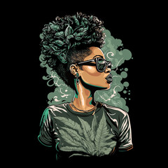 vector African American woman smoking Cigarette,wearing sunglasses , smoking weed ,fashion lifestyle,tattoo, cartoon comic,t-shirt designe