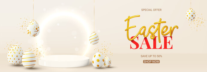 Easter sale horizontal banner. Vector holiday illustration with golden 3d lettering, podium, neon circle, decorative eggs and confetti. Happy Easter banner for presentation of products or goods.