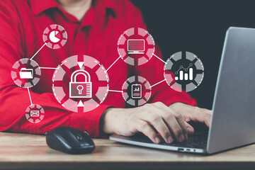 cyber security concept man using computer with internet connected  protection and information threats to prevent unauthorized access to data centers and other computer systems. without permission